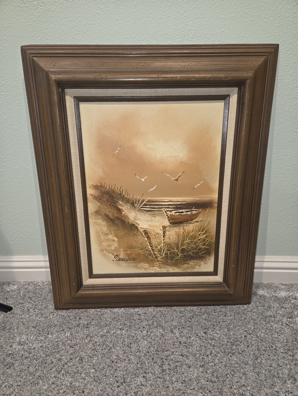 Vintage Framed Original Oil Painting on Canvas Signed Sandler Ocean Coastal